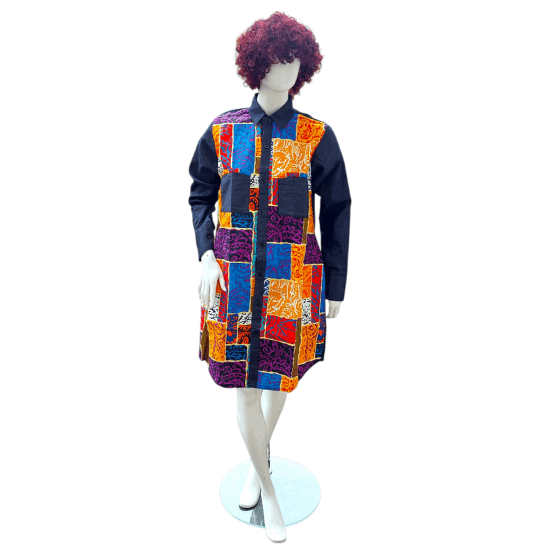 Favday Collections Cynthia Denim Ankara Shirt Dress, Women's, Casual to Dressy, Button-Down, Tailored Silhouette, Sizes 10-24 - Image 3